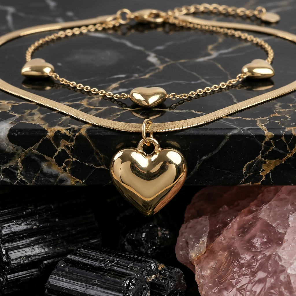 Puffed Heart Herringbone Set – Waterproof Stainless Steel Jewelry
