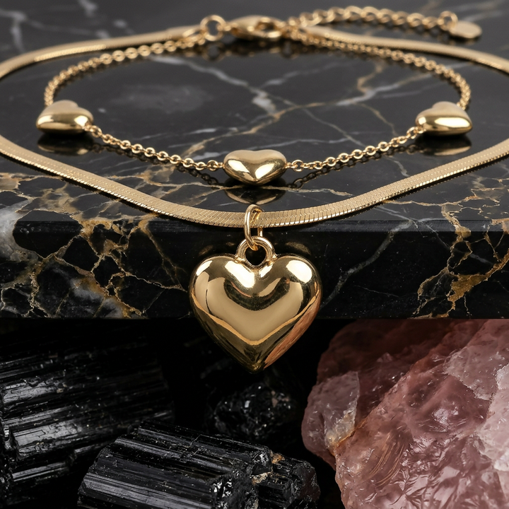 Puffed Heart Herringbone Set – Waterproof Stainless Steel Jewelry