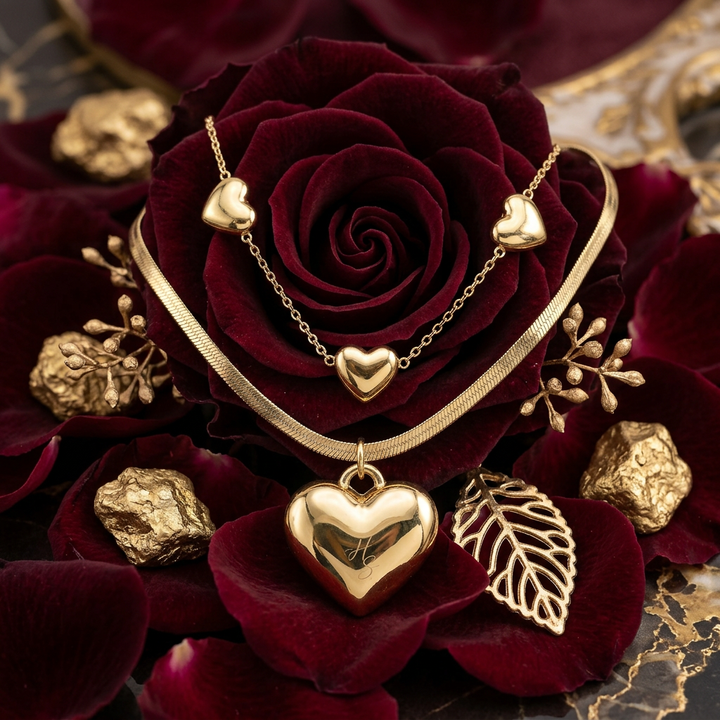 Puffed Heart Herringbone Set – Waterproof Stainless Steel Jewelry