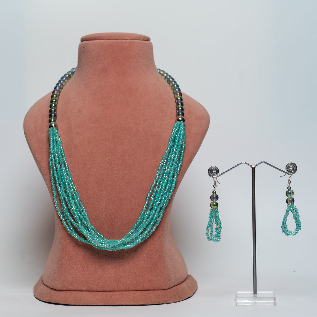 Multi-Strand Teal & Iridescent Bead Necklace