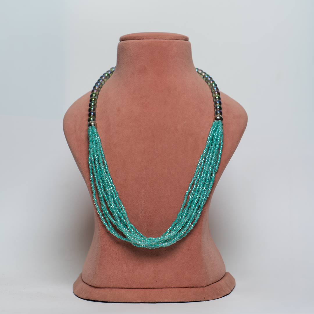 Multi-Strand Teal & Iridescent Bead Necklace