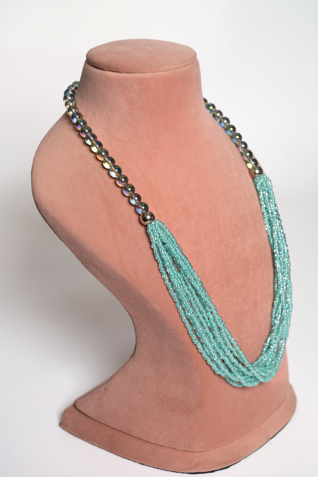 Multi-Strand Teal & Iridescent Bead Necklace