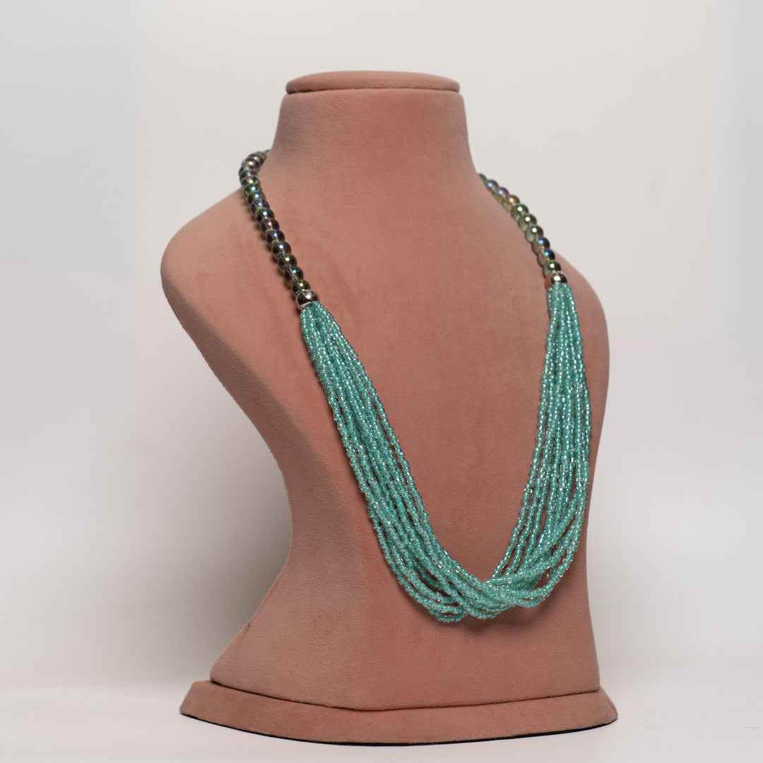 Multi-Strand Teal & Iridescent Bead Necklace
