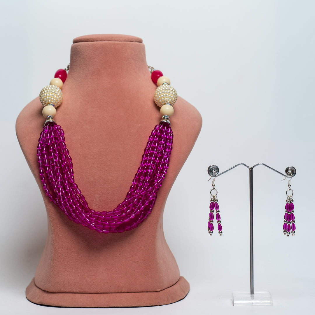 Radiant Magenta Beaded Necklace & Earring Set