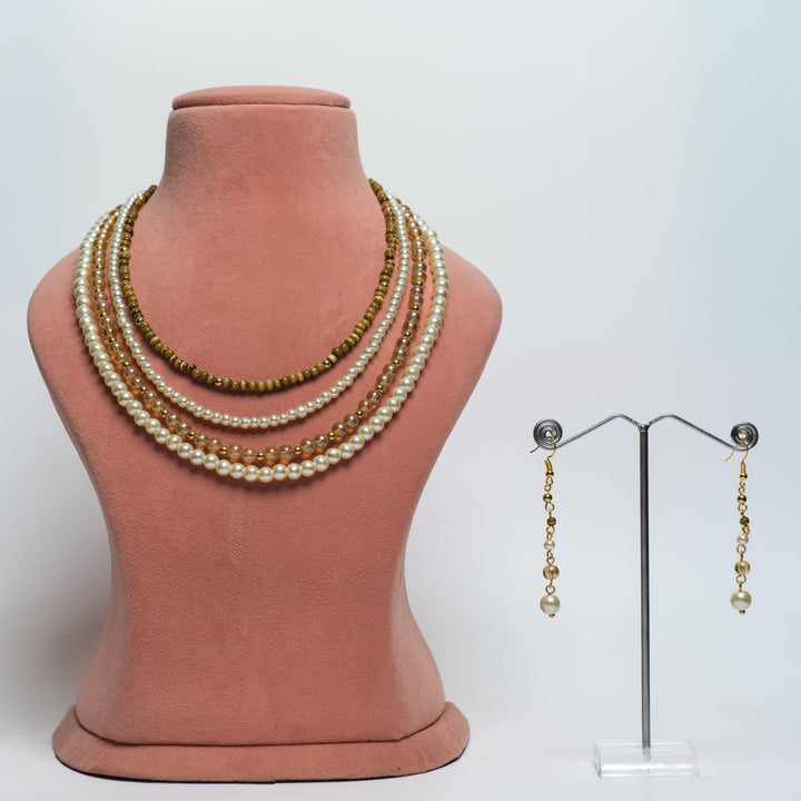 Elegant Layered Pearl & Golden Bead Necklace Set