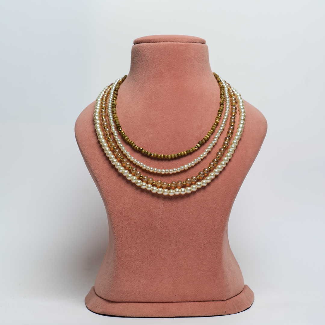 Elegant Layered Pearl & Golden Bead Necklace Set