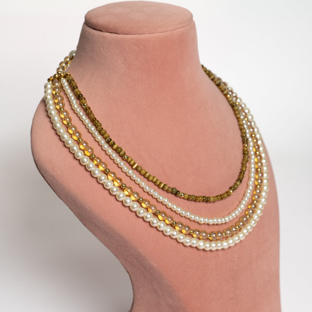 Elegant Layered Pearl & Golden Bead Necklace Set