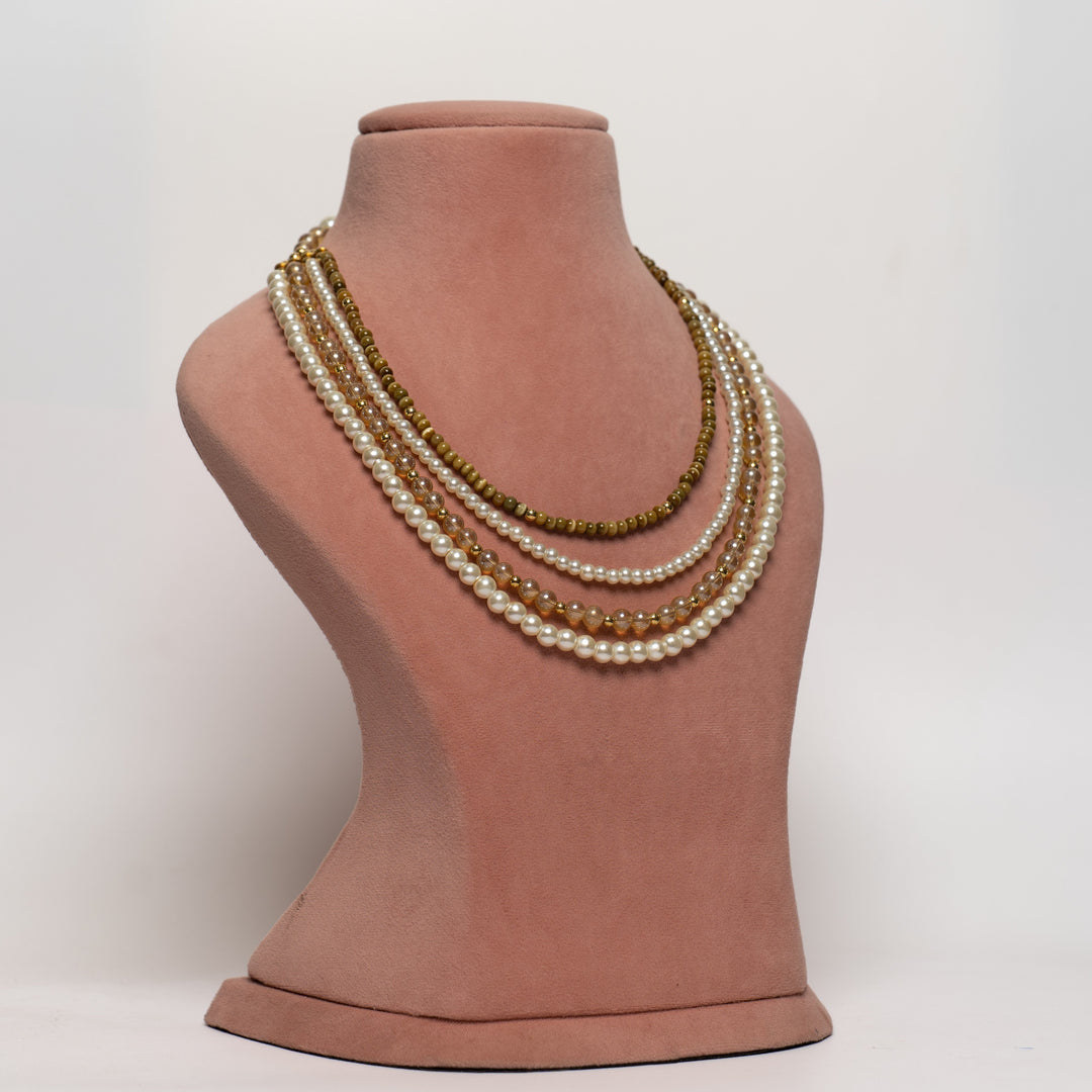 Elegant Layered Pearl & Golden Bead Necklace Set