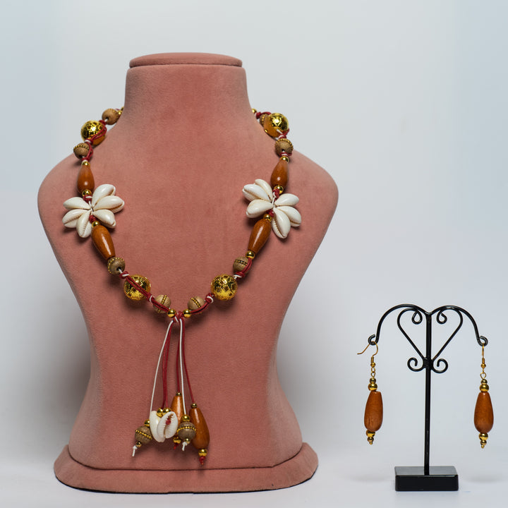 Bohemian Seashell & Wood Bead Necklace with Dangle Earrings