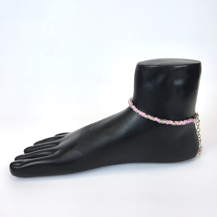 Pink & Silver Beaded Anklet