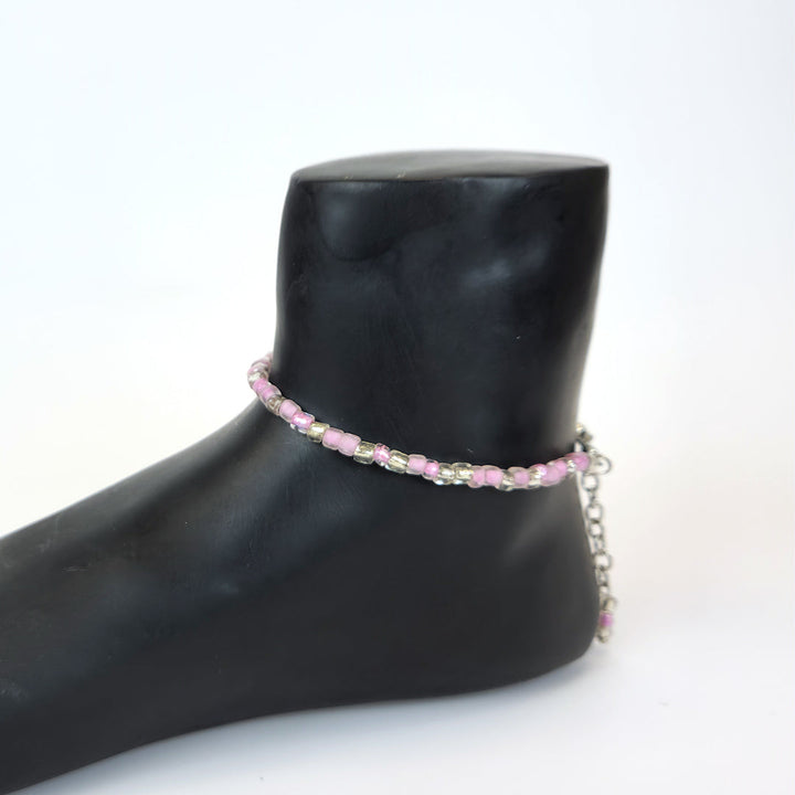 Pink & Silver Beaded Anklet