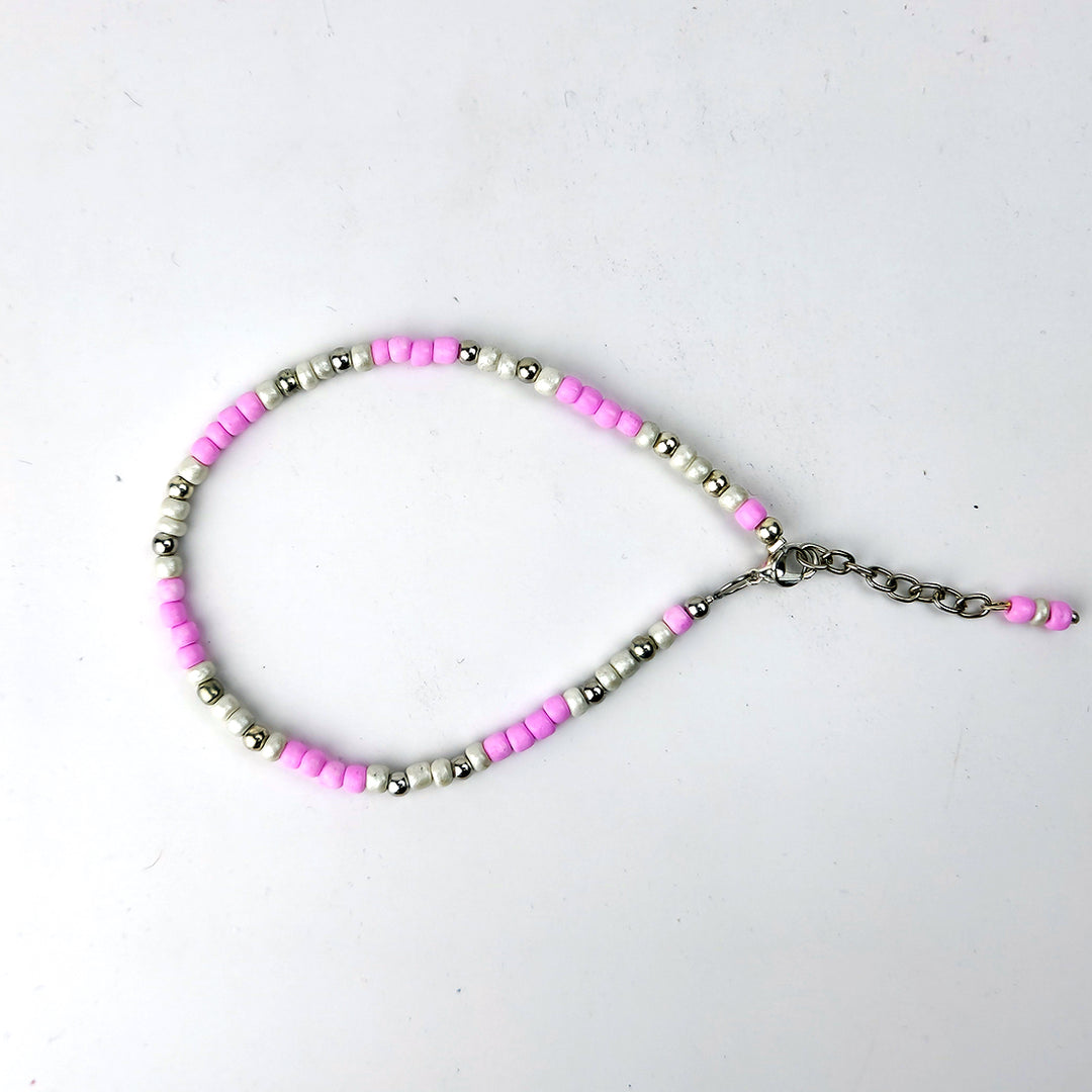 Pink & Silver Seed Bead Anklet