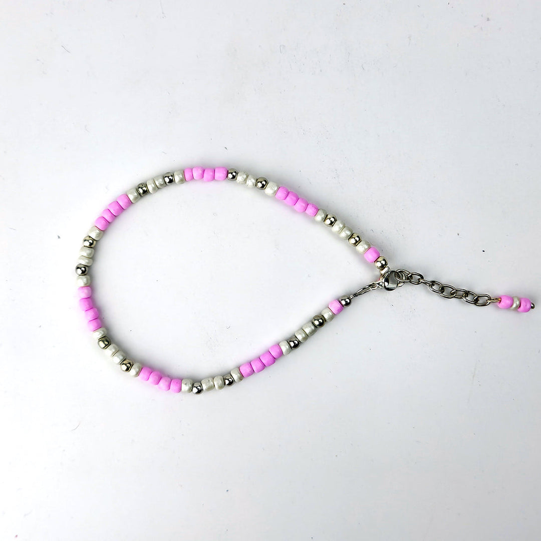 Pink & Silver Seed Bead Anklet