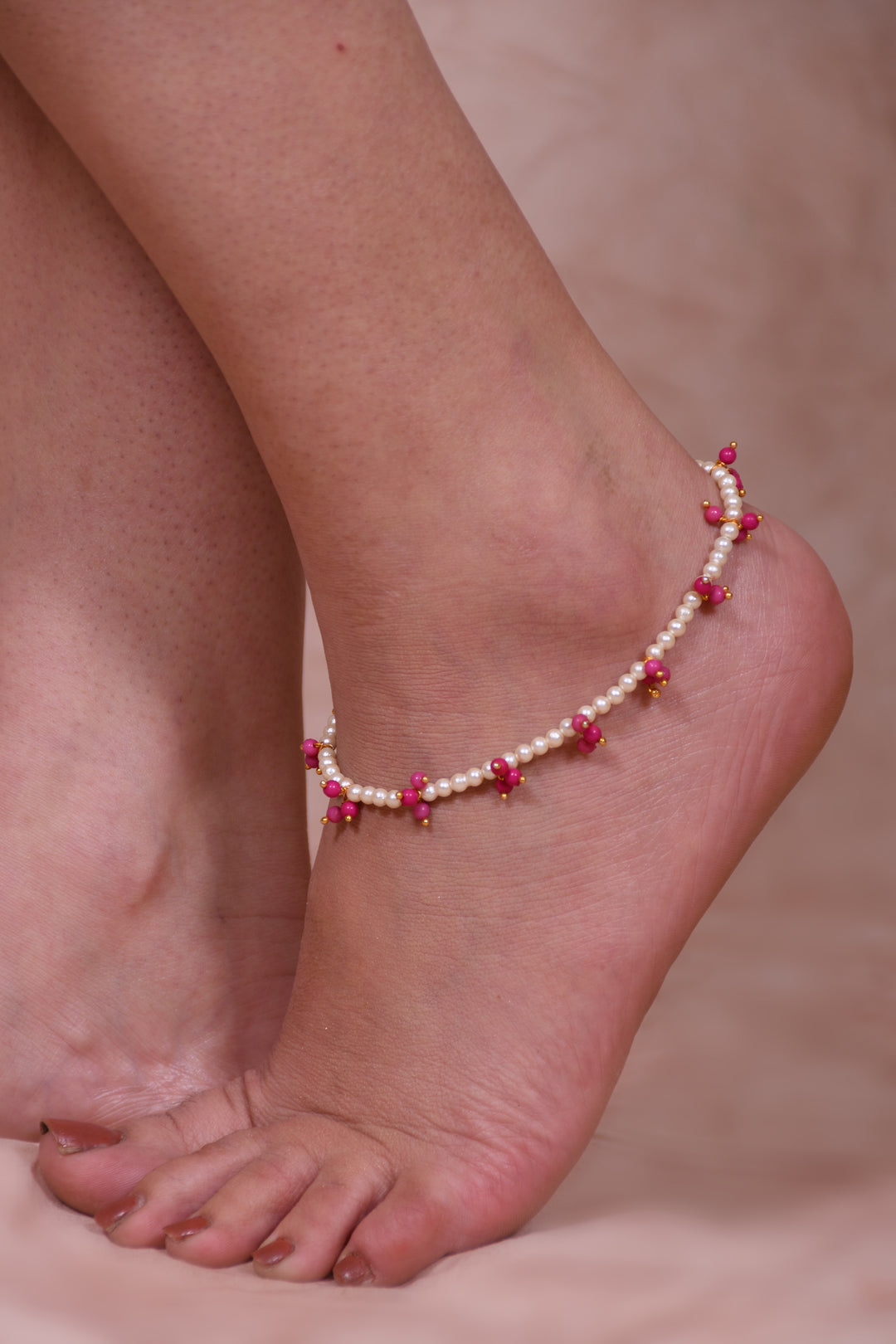 White Pearl Beads Anklet Styled With Pink Round Beads On It