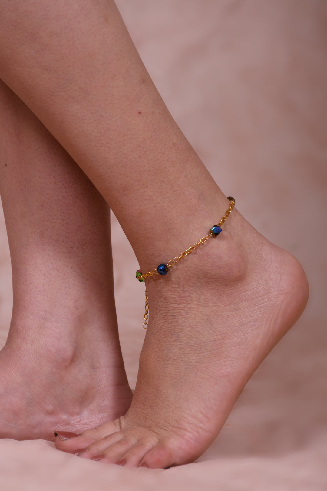 Gold Polished Metal Chain Anklet With Multi Shaped Glass Beads