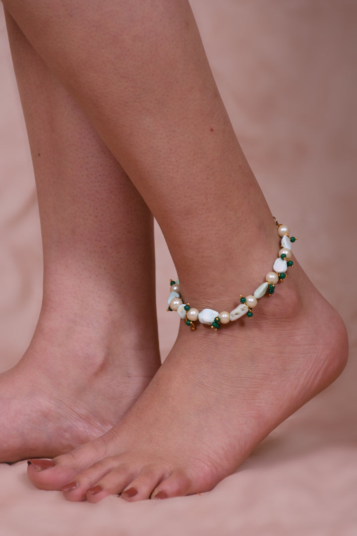 Agate Stone Anklet Styled With Pearl Beads & Green Round Beads