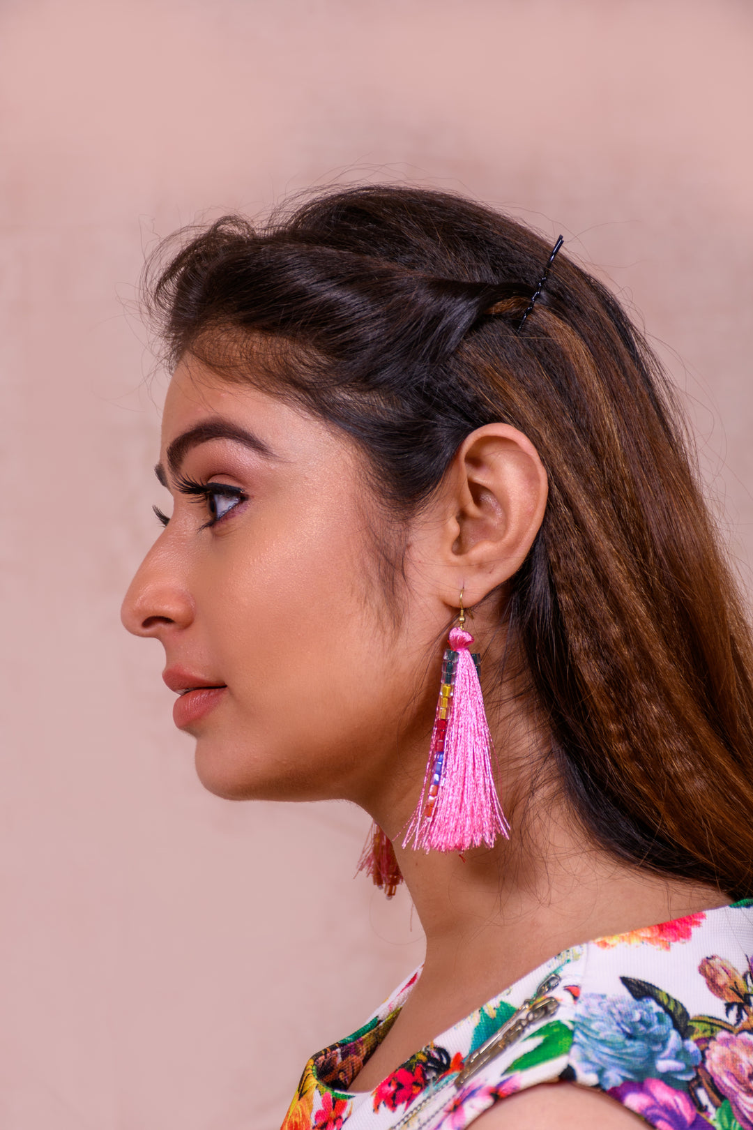 Pink Tassel Earing With Multi Color Beads Strings At The Front
