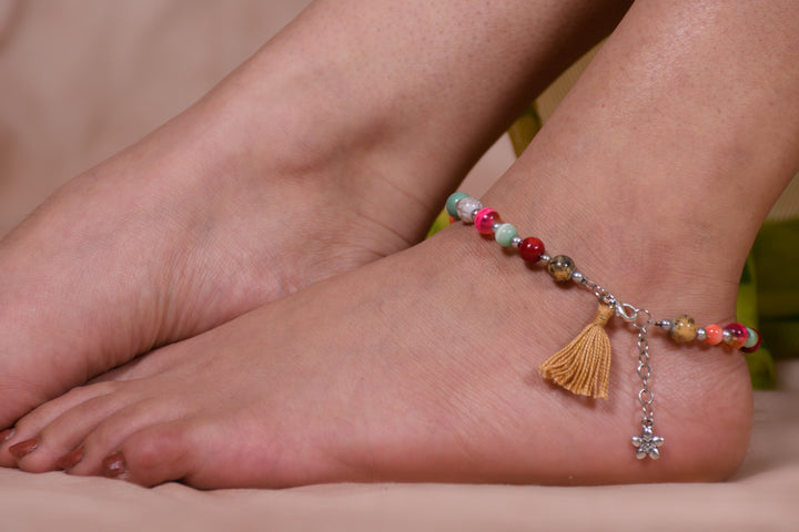 Multi Colored Glass Beads Anklet Styled With Metal Charm & Tassel