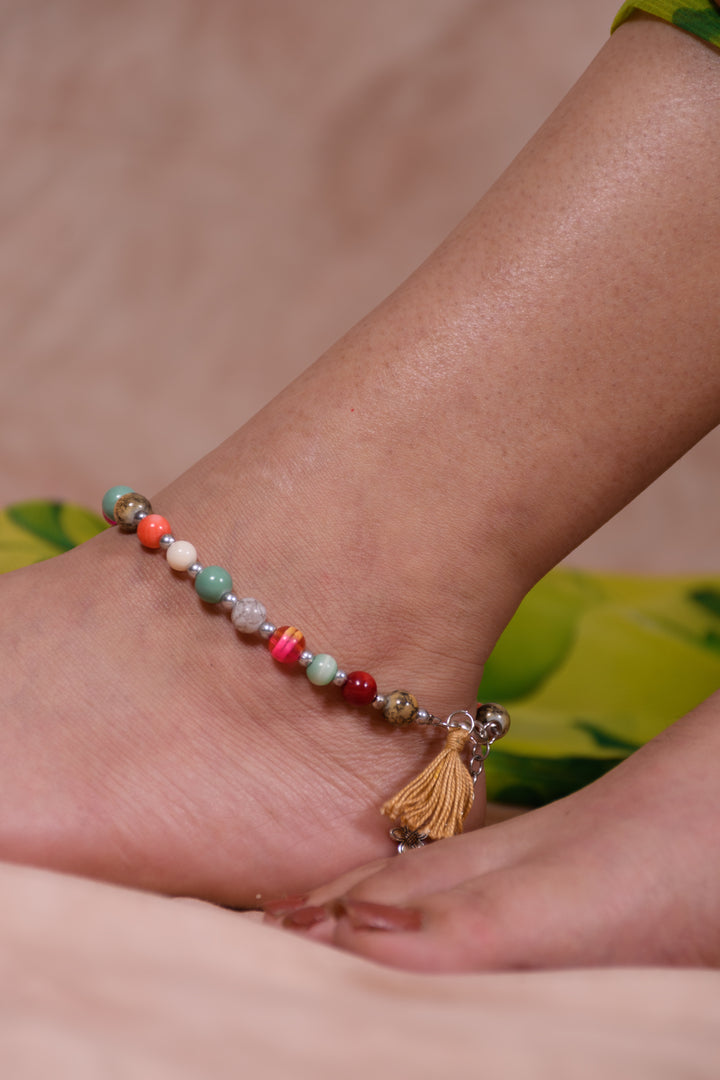 Multi Colored Glass Beads Anklet Styled With Metal Charm & Tassel