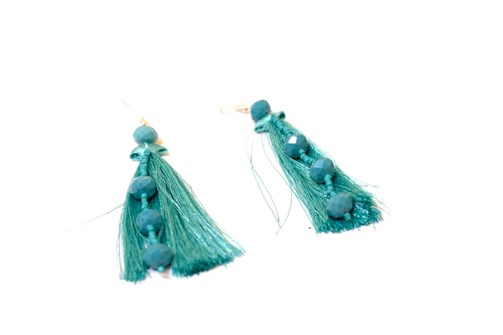 Tassel Earring With Multi Faceted Glass & Seed Beads Strung In Them