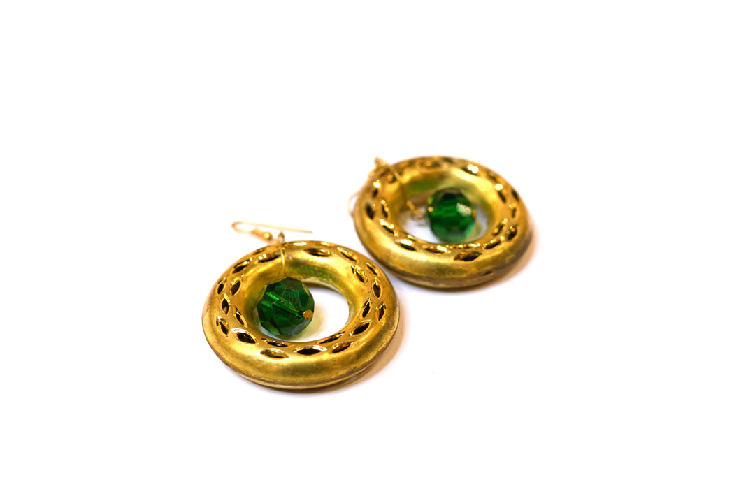 Gold Polished Big Metal Hoop Earring With Green Glass Bead Hanging Inside