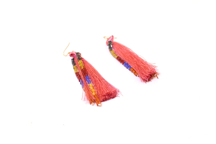 Pink Tassel Earing With Multi Color Beads Strings At The Front