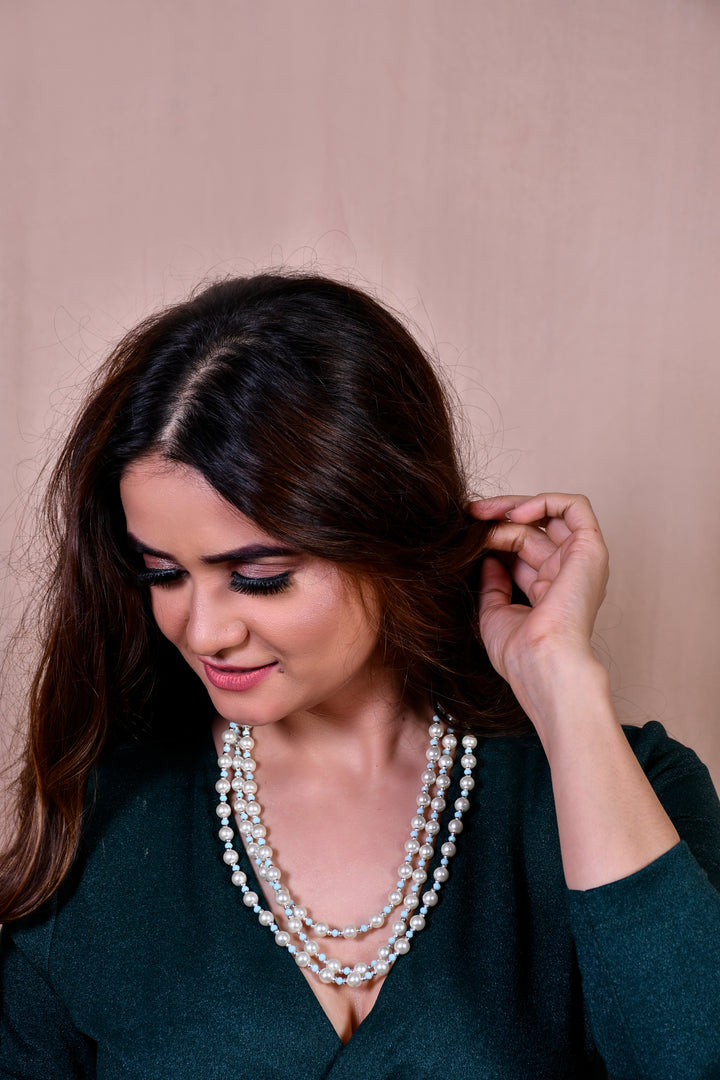 Classic Azure" Three-Strand Layered Pearl & Crystal Necklace Set
