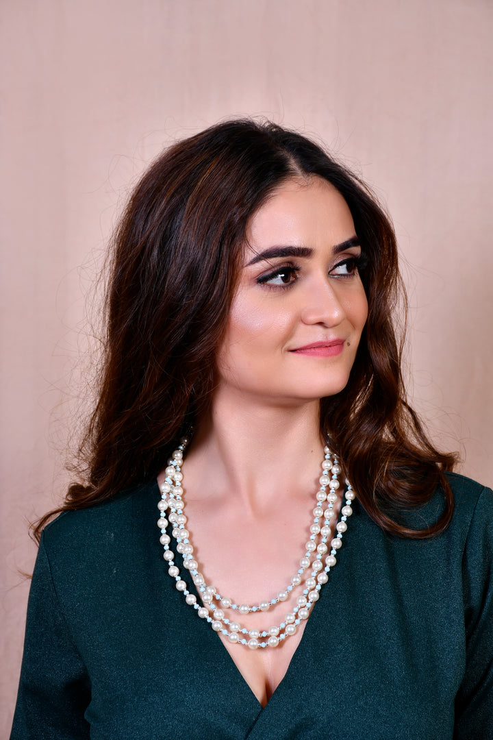 Classic Azure" Three-Strand Layered Pearl & Crystal Necklace Set