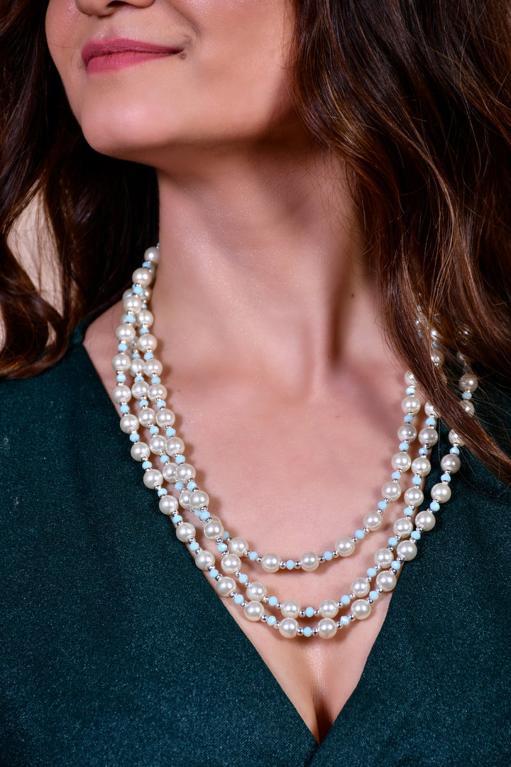 Classic Azure" Three-Strand Layered Pearl & Crystal Necklace Set
