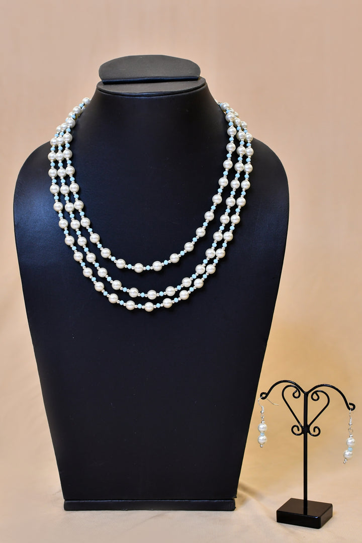 Classic Azure" Three-Strand Layered Pearl & Crystal Necklace Set