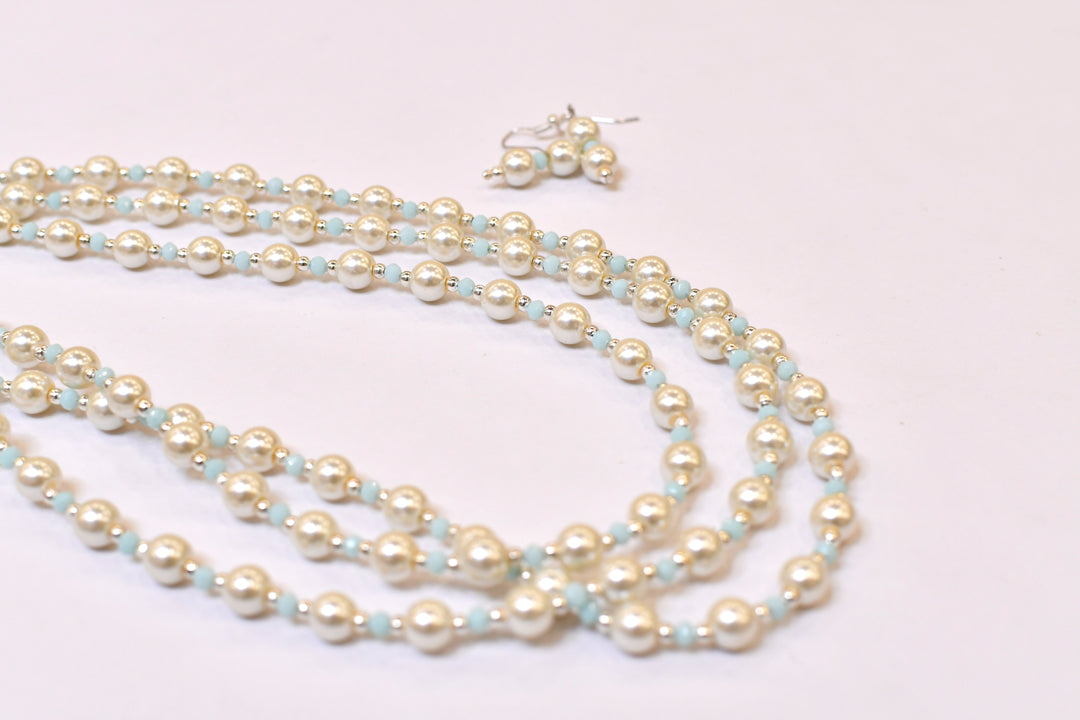 Classic Azure" Three-Strand Layered Pearl & Crystal Necklace Set