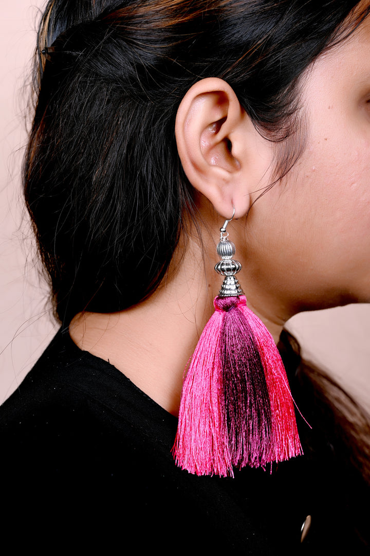Maroon & Pink Tassel Earring Strung With Metal Polished Beads
