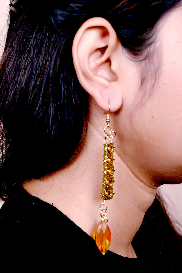 Metal Chatai Beads With Glass Beads Earring Styled With Leaf Shaped Multi Faceted Glass Beads