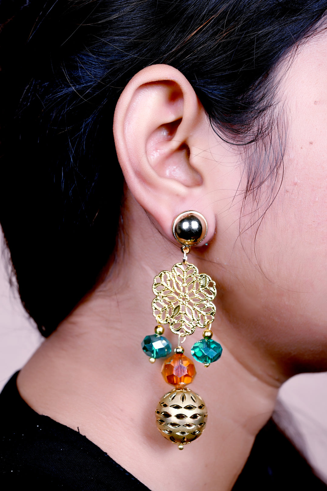 Metal Charms Earring Strung With Multi Faceted Glass Beads Along With Metal Balls