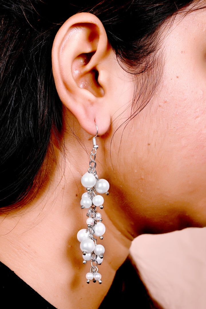 Multi Layered Pearl Beads Earring Strung In Metal Chain
