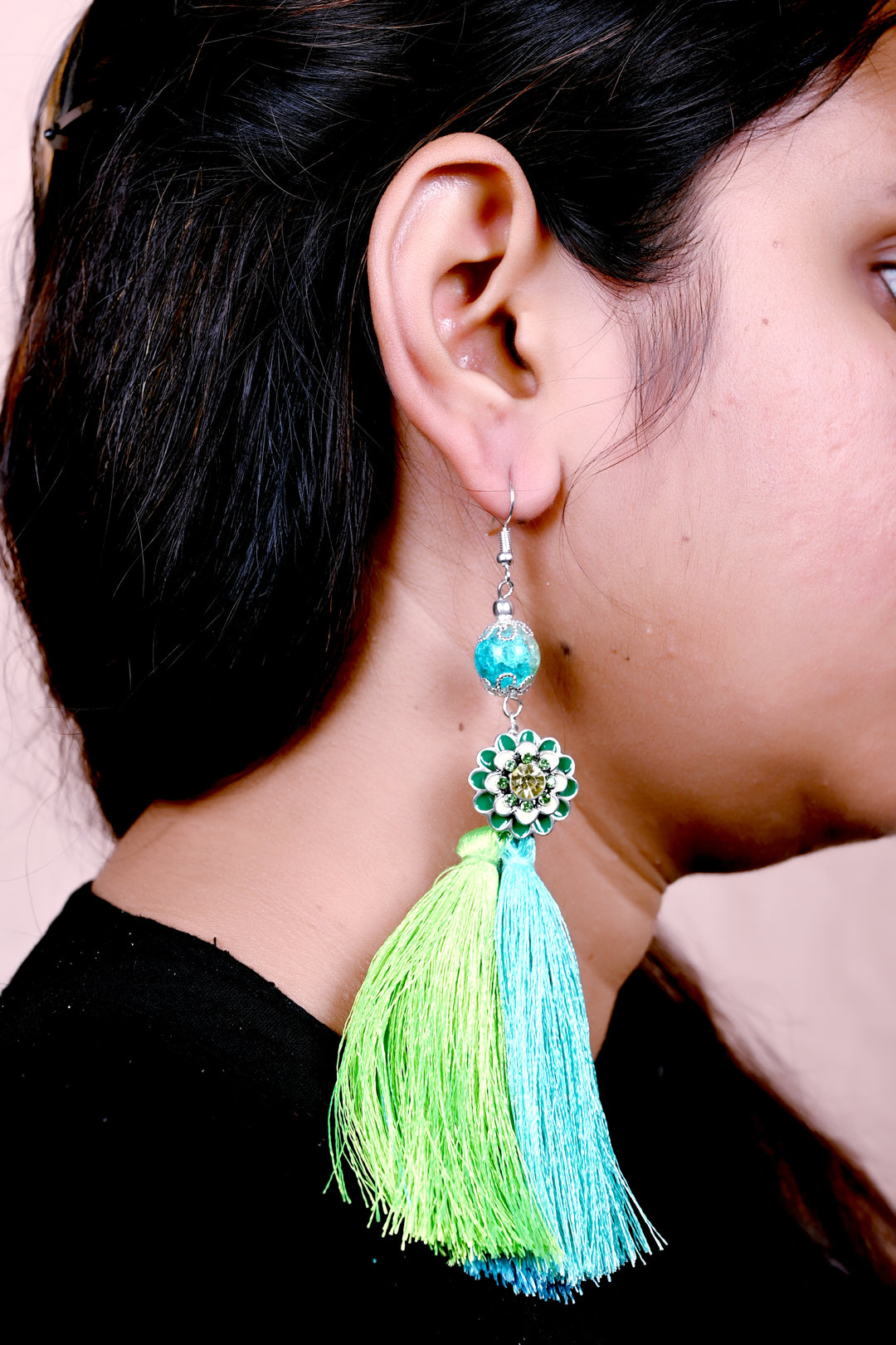 Green & Turquoise Tassel Earring Styled With Flower Shaped Metal Charm & Glass Crackle Bead