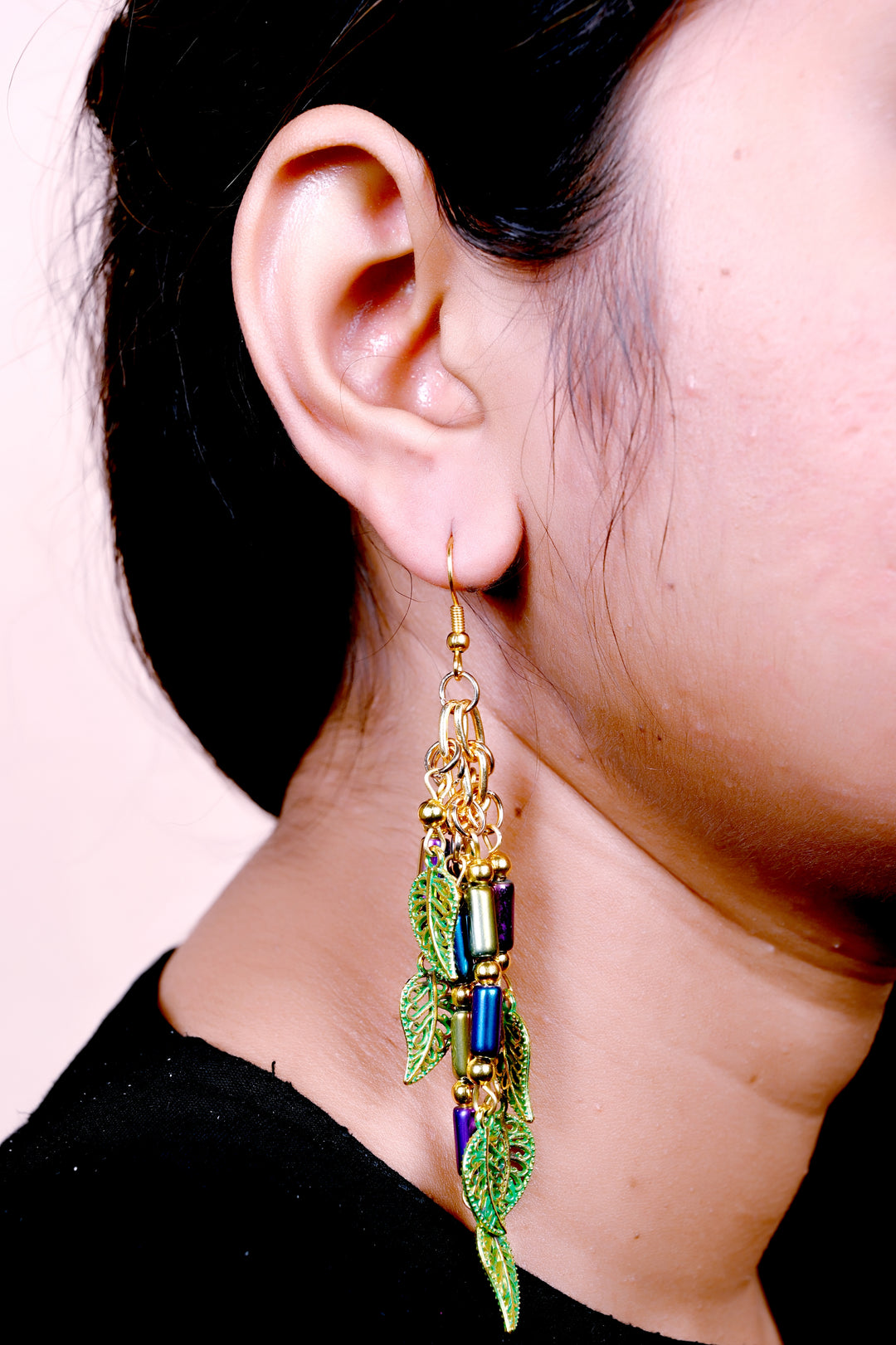 Multi Layered Metal Chain Earring Styled With Leaf Shaped Metal Charms