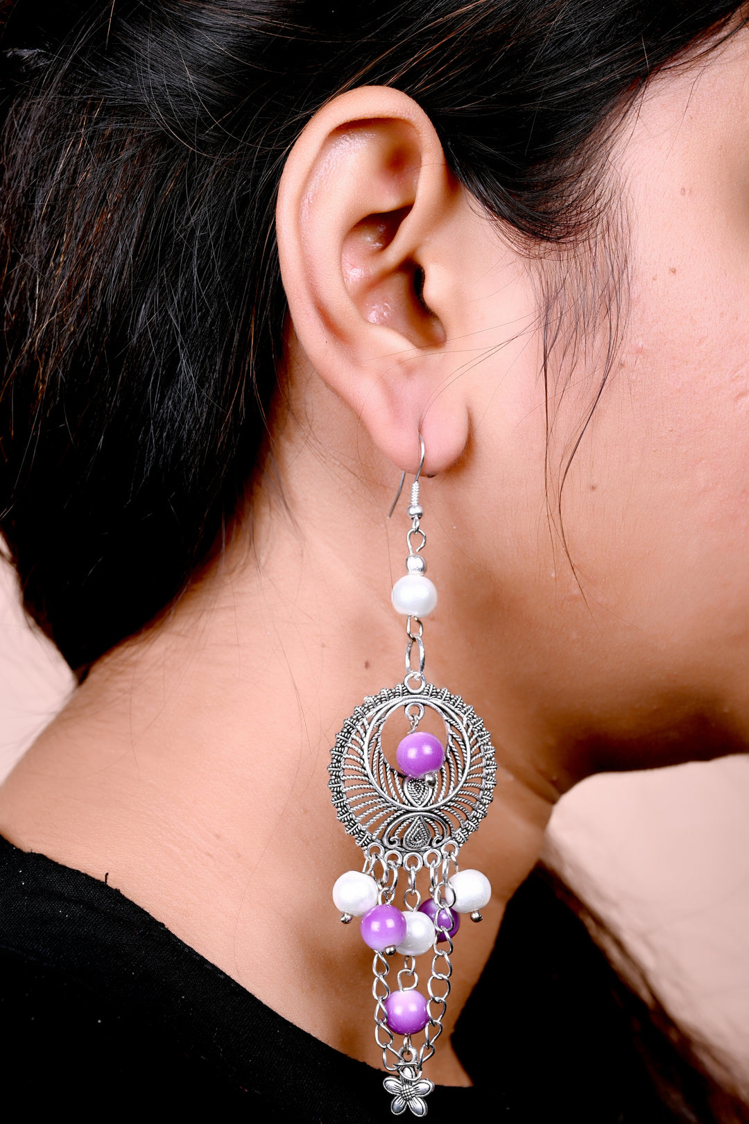 Metal Charm Earring Styled With Purple & White Pearl Beads