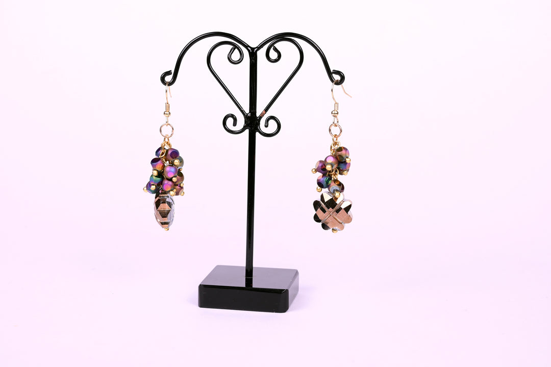 Multi Faceted Flower Shaped Glass Beads Earring Styled With Multi Layered Rainbow Polished Glass Beads