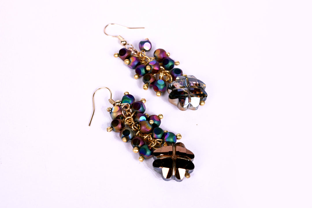 Multi Faceted Flower Shaped Glass Beads Earring Styled With Multi Layered Rainbow Polished Glass Beads