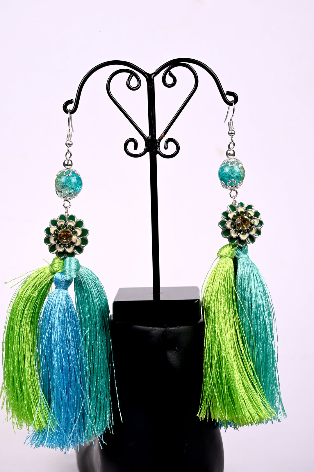 Green & Turquoise Tassel Earring Styled With Flower Shaped Metal Charm & Glass Crackle Bead