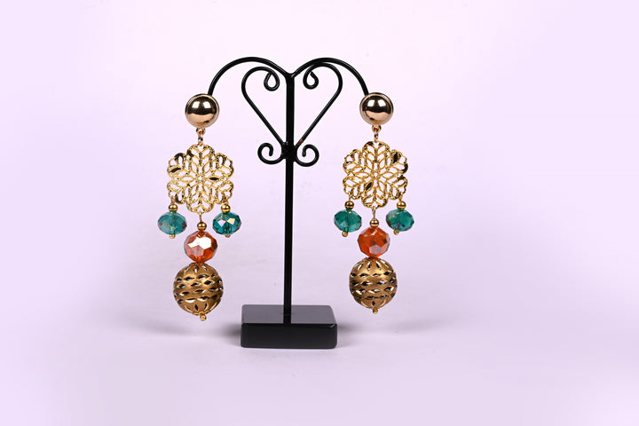 Metal Charms Earring Strung With Multi Faceted Glass Beads Along With Metal Balls