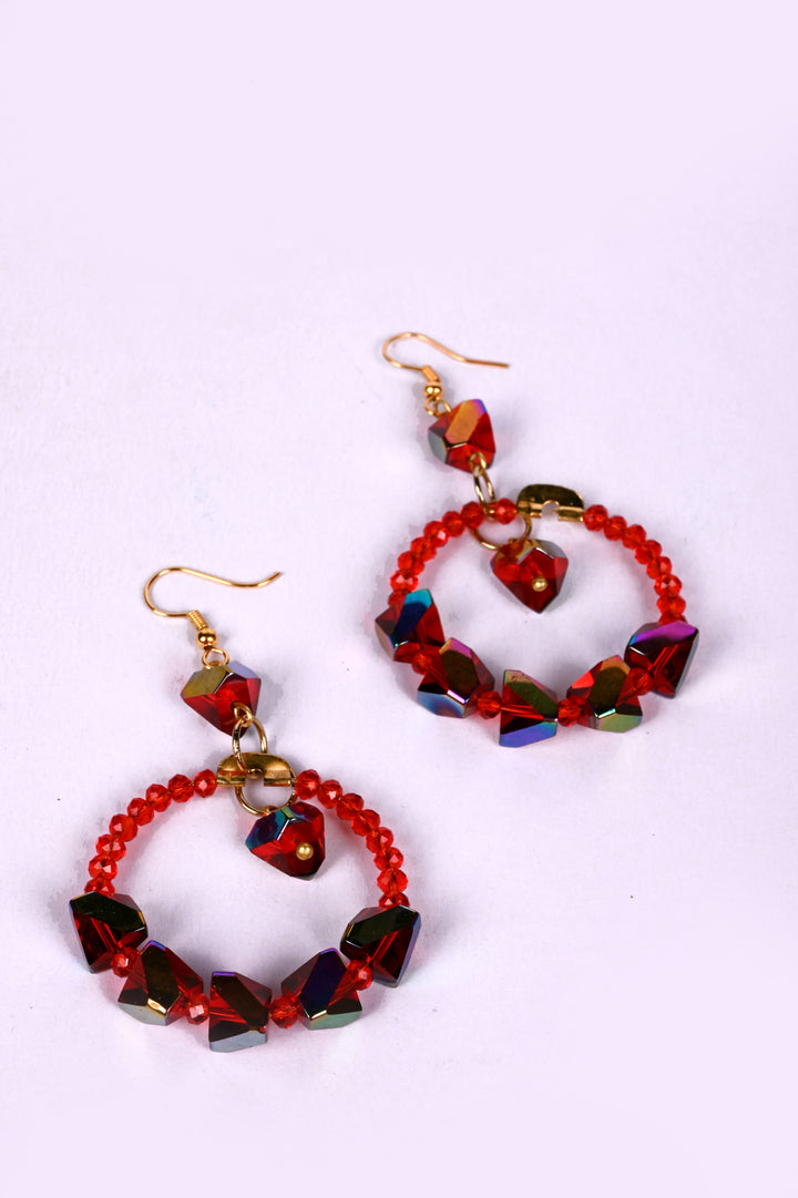 Red Colored Multifaceted Glass Beads Earring Strung In Metal Hoop