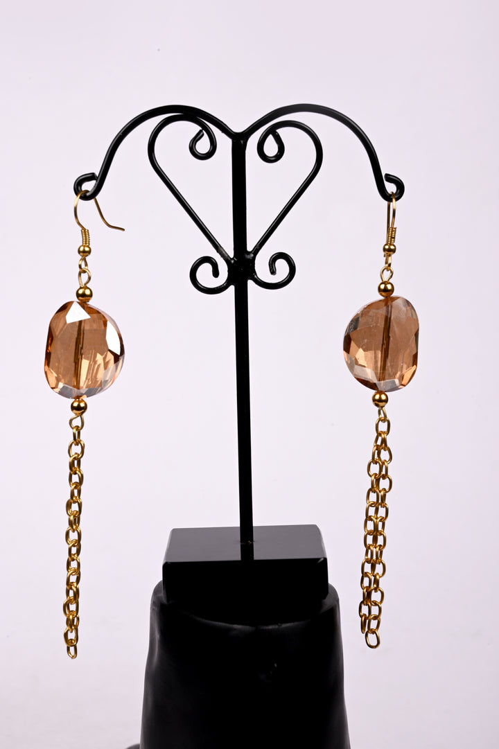 Orange Colored Multi Faceted Glass Beads Earring Strung With Double Layered Metal Chain