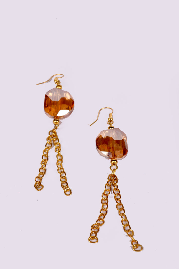 Orange Colored Multi Faceted Glass Beads Earring Strung With Double Layered Metal Chain