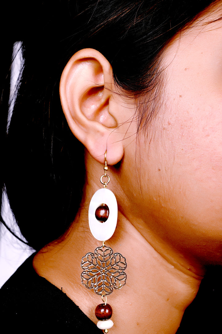 Scooped Shell Beads Earring Styled With Wooden Beads & Metal Charms