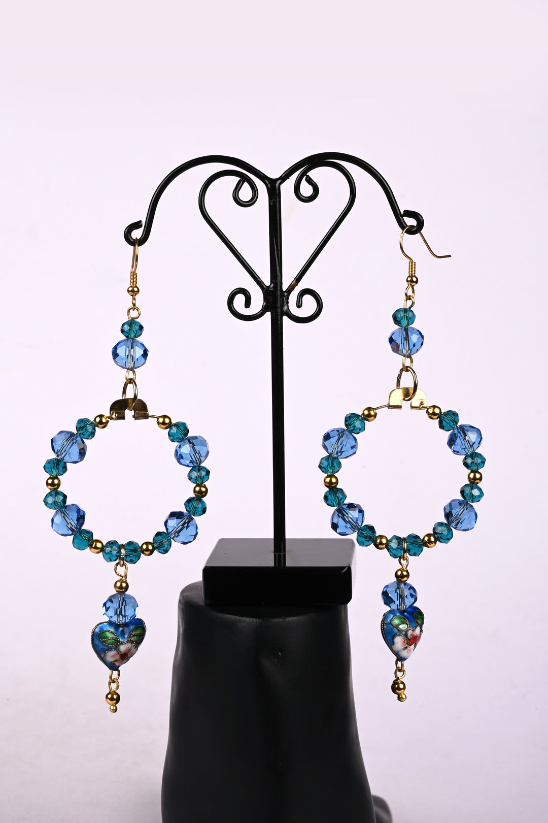 Multi Faceted Glass Beads Earring Strung In Metal Hoop & Styled With Heart Shaped Beads