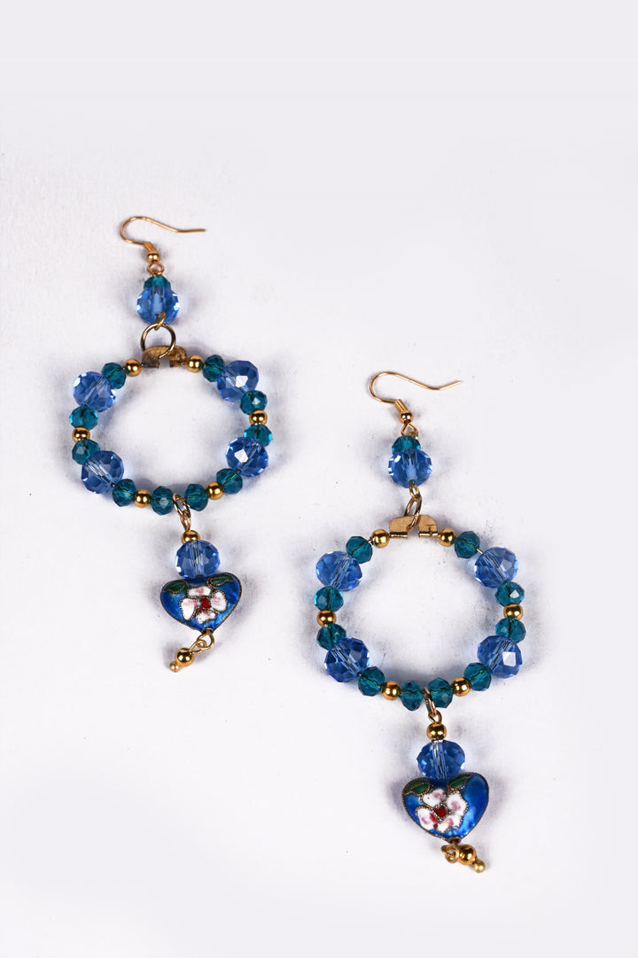Multi Faceted Glass Beads Earring Strung In Metal Hoop & Styled With Heart Shaped Beads