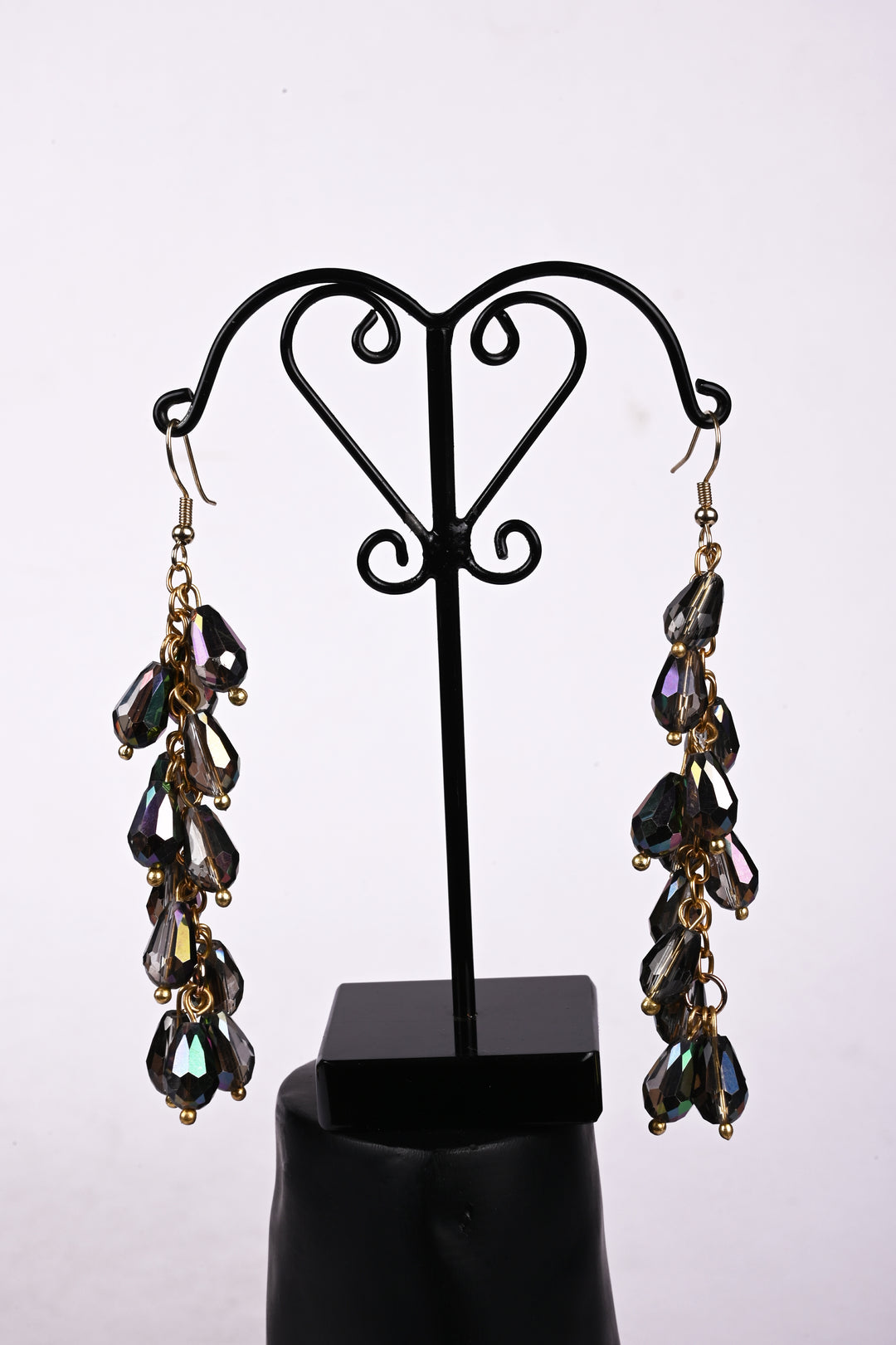 Gold Polished Metal Chain Earring Styled With Multi Layered Teardrop Shaped Glass Beads