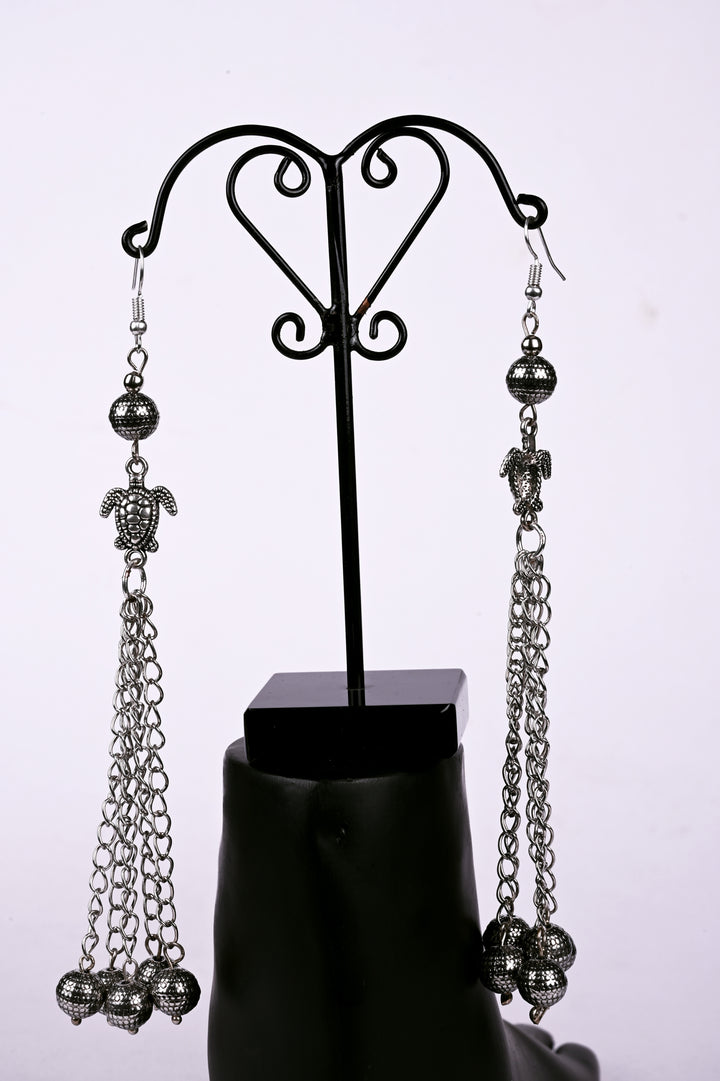 Metal Earring Made Of Metal Balls, Turtle Shaped Beads Syled With Multi Layered Metal Chain With Metal Balls Hanging